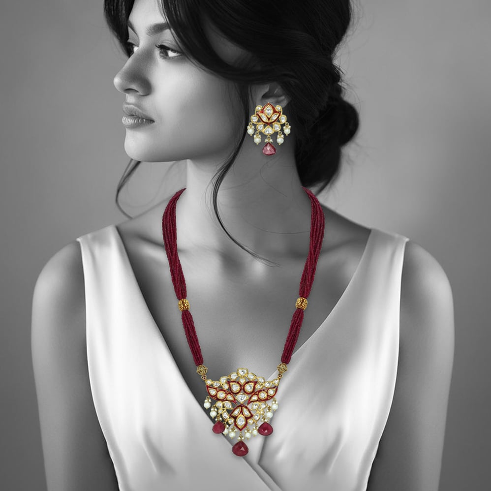 Red Enamel Polki Pendant Set with Tourmaline and Pearl Drops